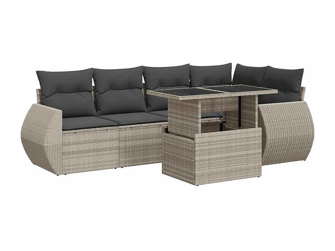 7-tlg. Garten-Sofagarnitur mit Kissen Hellgrau Poly Rattan