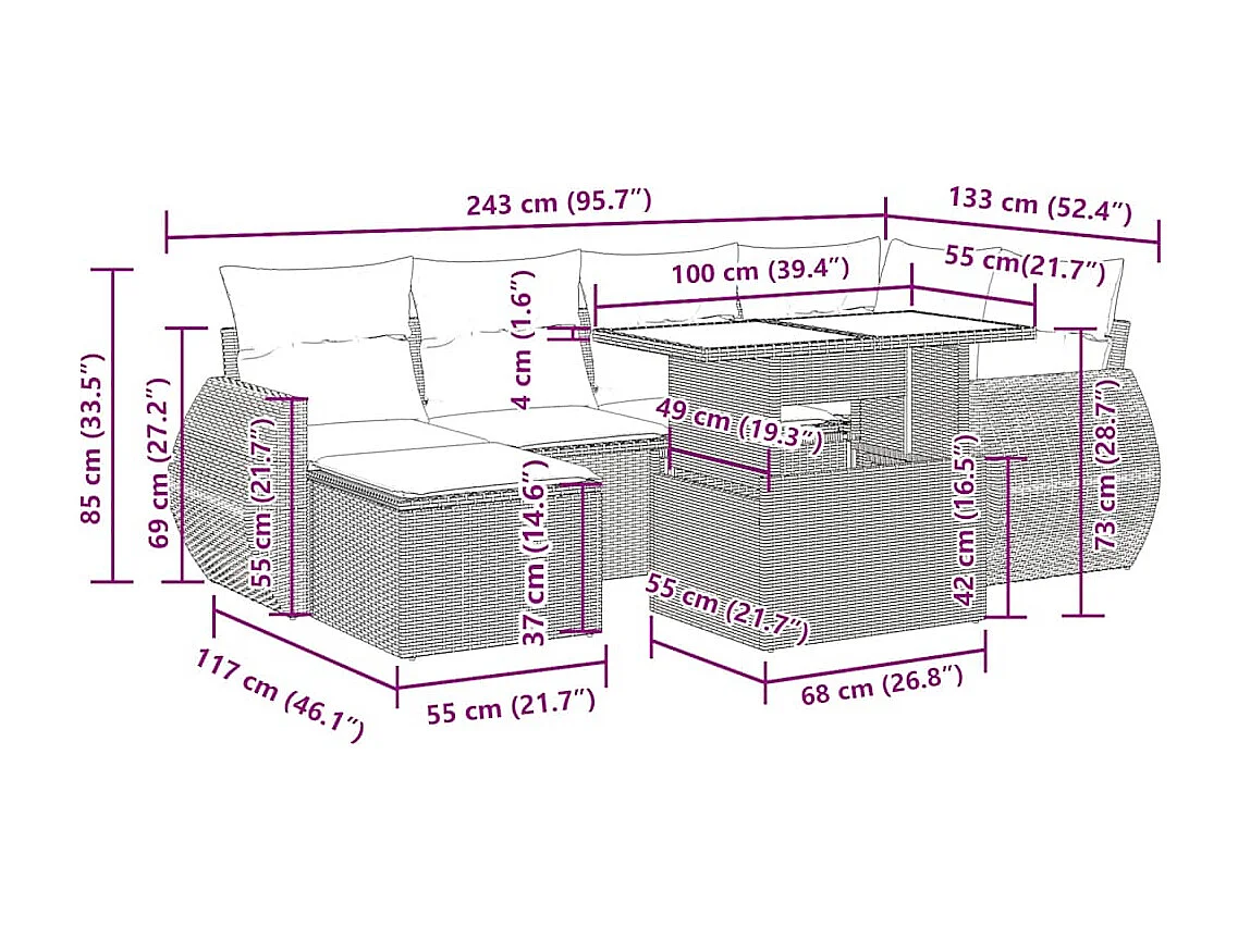 7-tlg. Garten-Sofagarnitur mit Kissen Hellgrau Poly Rattan