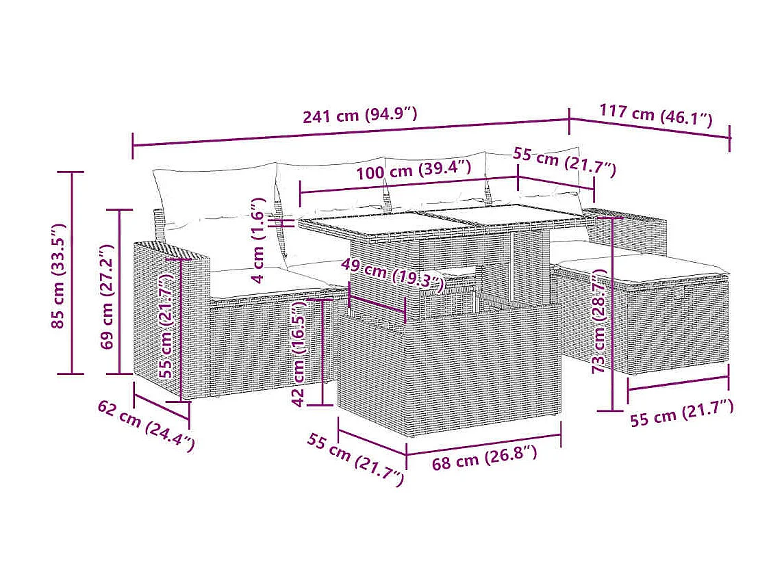 Salon de jardin 6 pcs avec coussins gris clair résine tressée