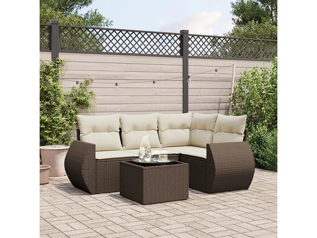 Salon de jardin avec coussins 5 pcs marron résine tressée