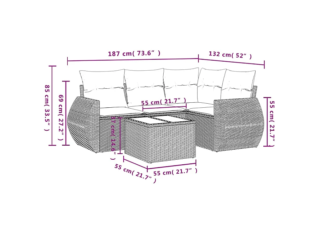 5-delige Loungeset met kussens poly rattan bruin