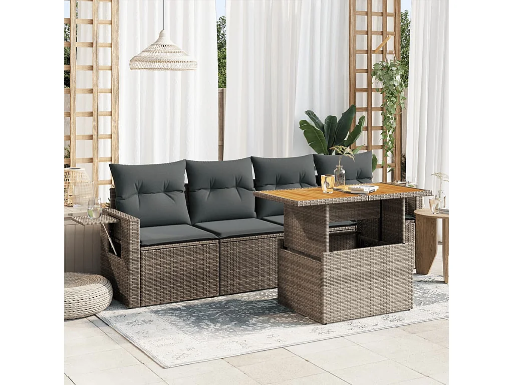 5 pcs conjunto sofás de jardim c/ almofadões vime PE cinzento