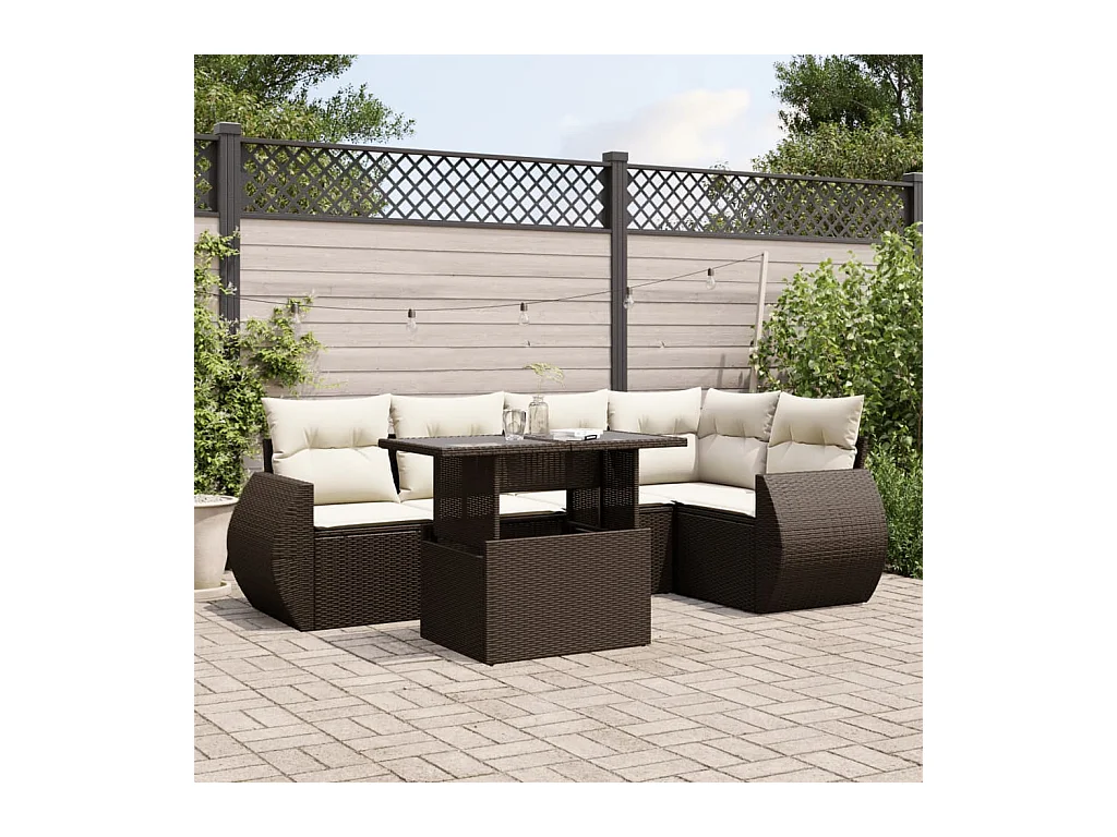 6-delige Loungeset met kussens poly rattan bruin