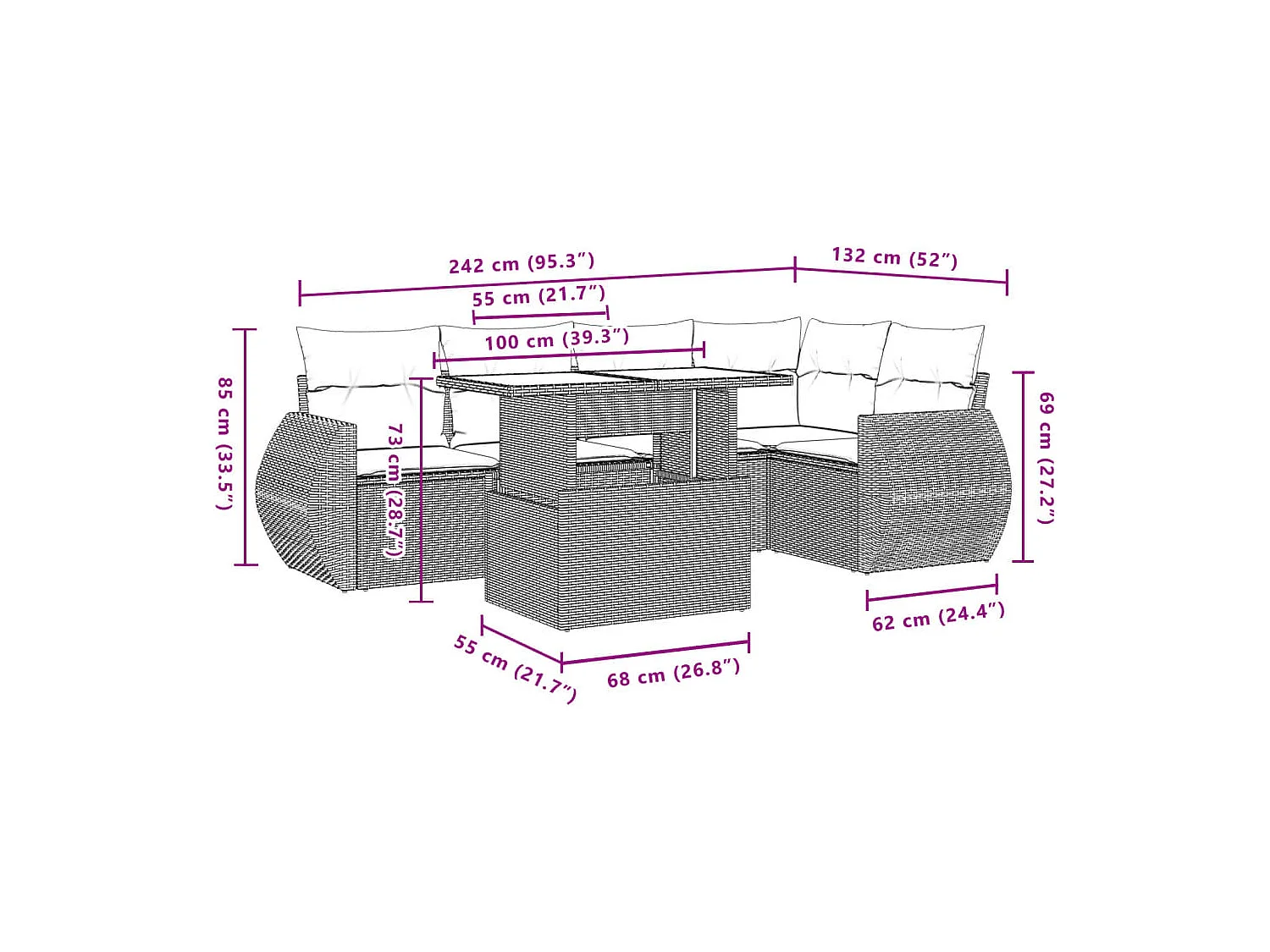 Salon de jardin avec coussins 6 pcs marron résine tressée