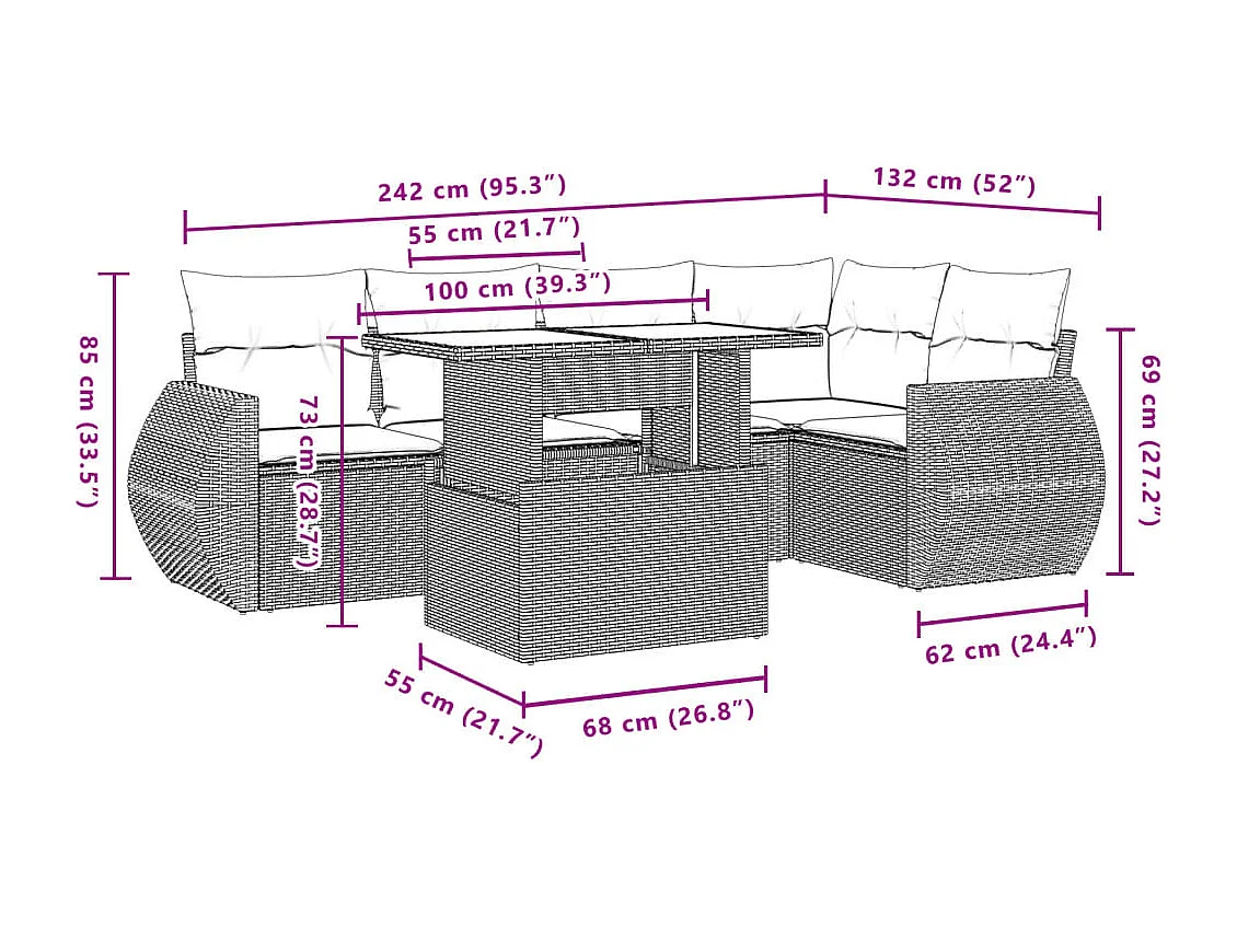Salon de jardin avec coussins 6 pcs marron résine tressée