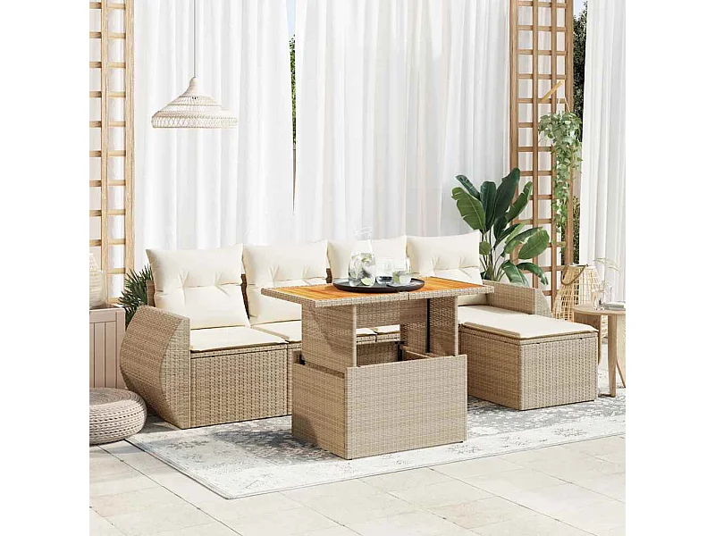 6-tlg. Garten-Sofagarnitur mit Kissen Beige Poly Rattan
