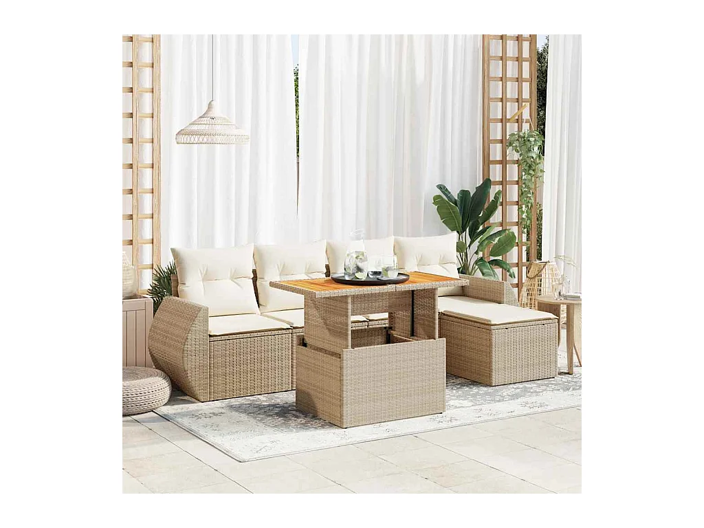 Set Divano da Giardino 6 pz con Cuscini Beige in Polyrattan