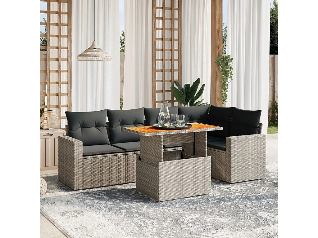 Salon de jardin 6 pcs avec coussins gris résine tressée