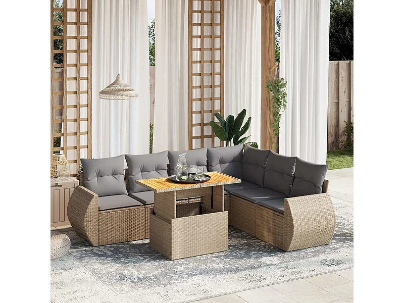 7-tlg. Garten-Sofagarnitur mit Kissen Beige Poly Rattan