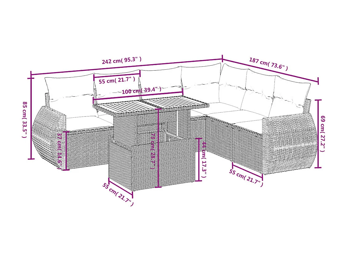 Set Divani da Giardino 7 pz con Cuscini Beige in Polyrattan