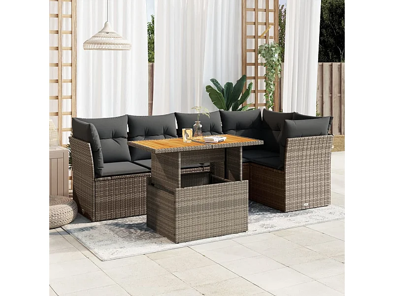 Salon de jardin 6 pcs avec coussins gris résine tressée