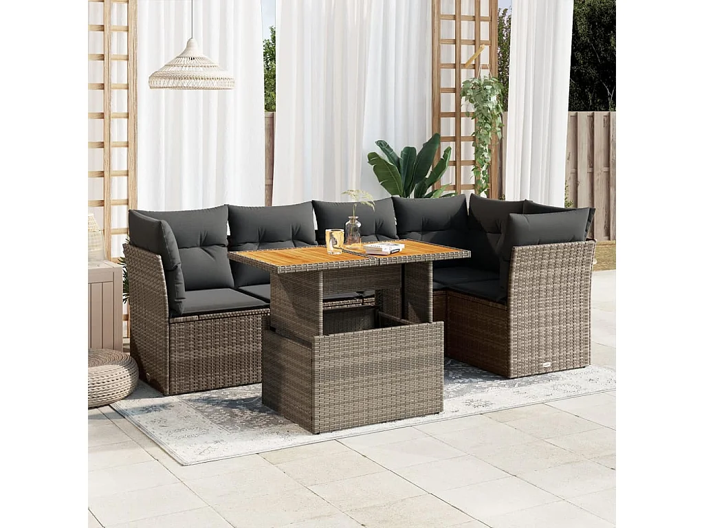 Salon de jardin 6 pcs avec coussins gris résine tressée
