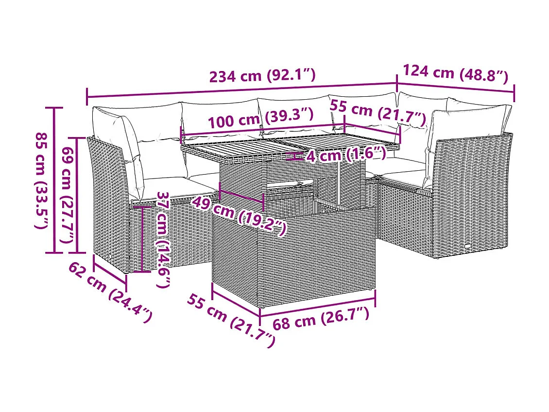 Salon de jardin 6 pcs avec coussins gris résine tressée