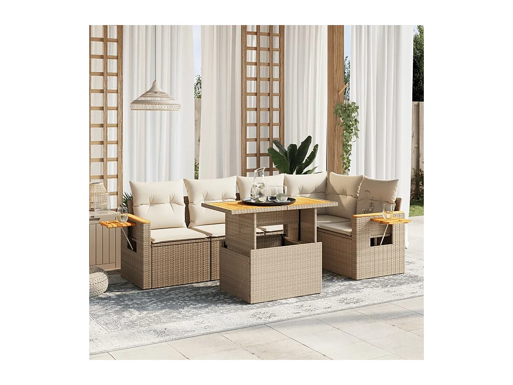 Salon de jardin avec coussins 6 pcs beige résine tressée