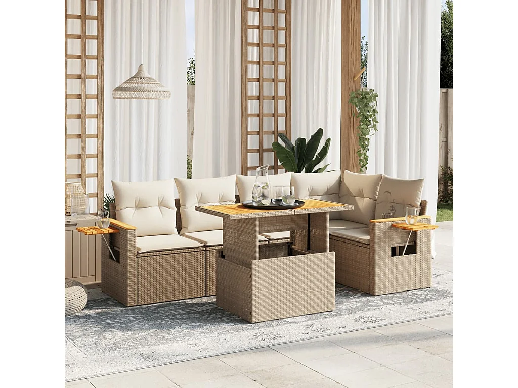 Set Divano da Giardino 6 pz con Cuscini Beige in Polyrattan