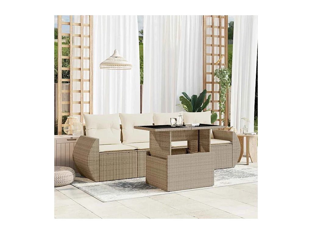 Salon de jardin avec coussins 5 pcs beige résine tressée