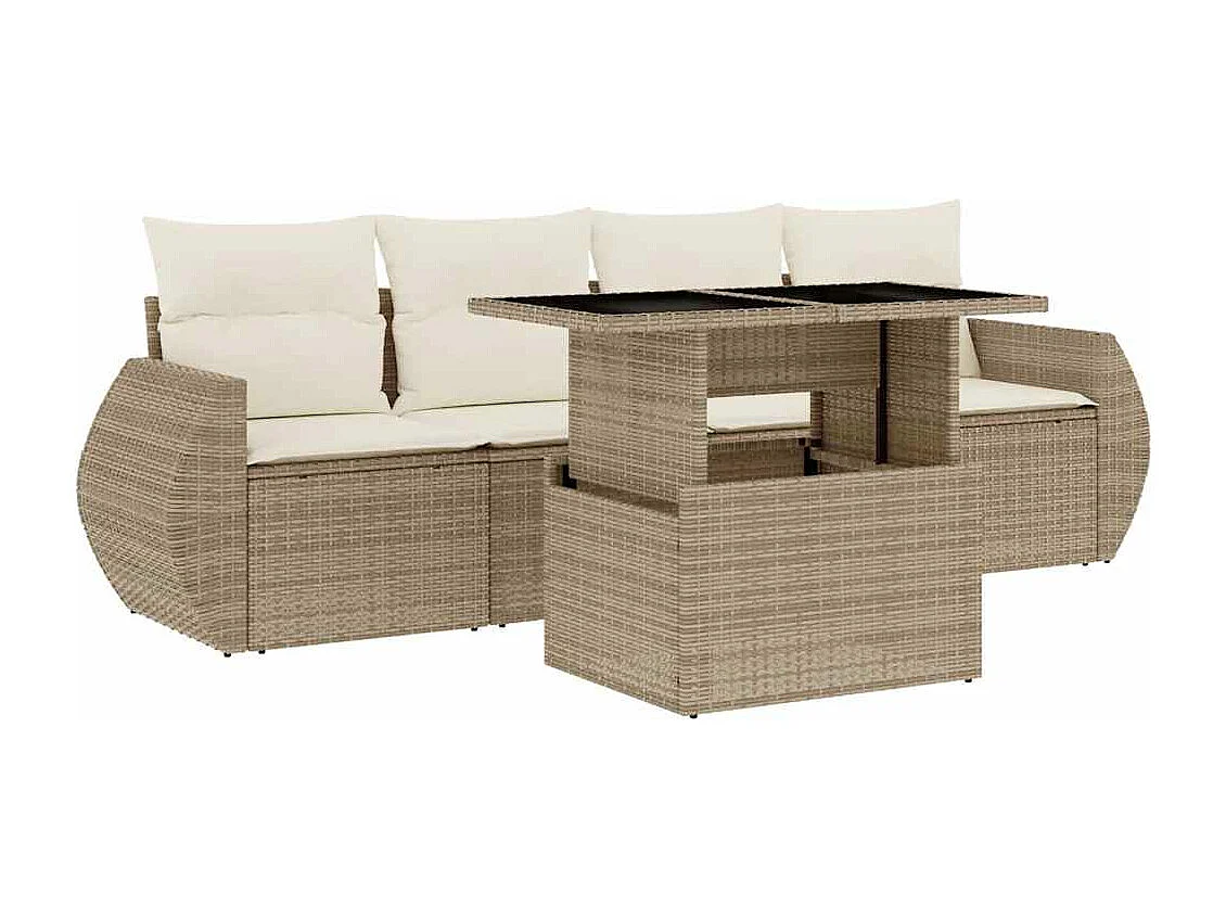 5-tlg. Garten-Sofagarnitur mit Kissen Beige Poly Rattan