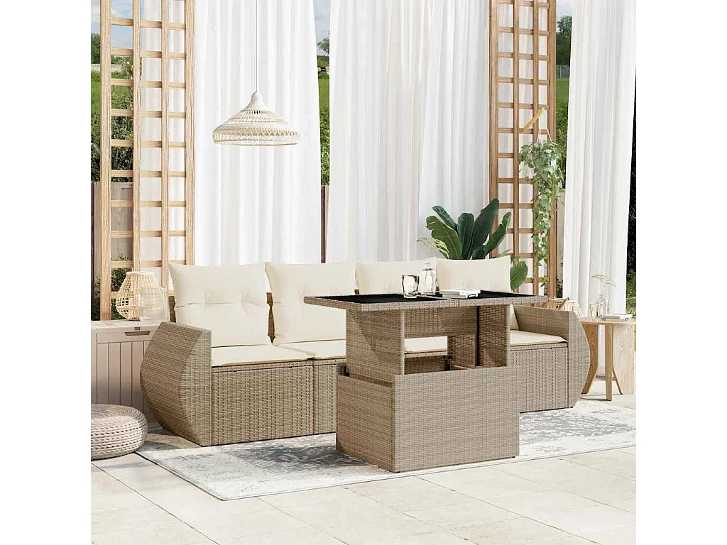 Set Divano da Giardino 5 pz con Cuscini Beige in Polyrattan