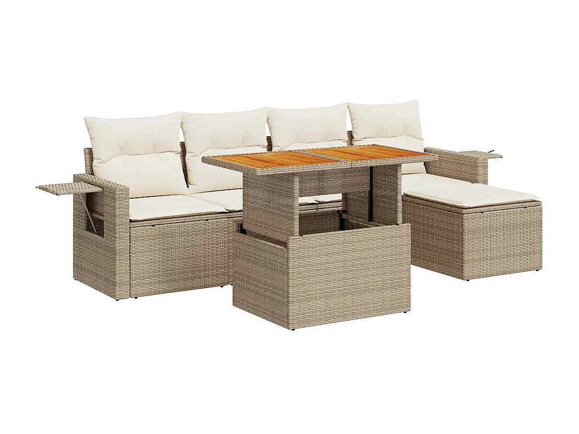 6-tlg. Garten-Sofagarnitur mit Kissen Beige Poly Rattan