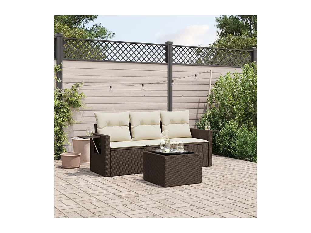 Salon de jardin 4 pcs avec coussins marron résine tressée