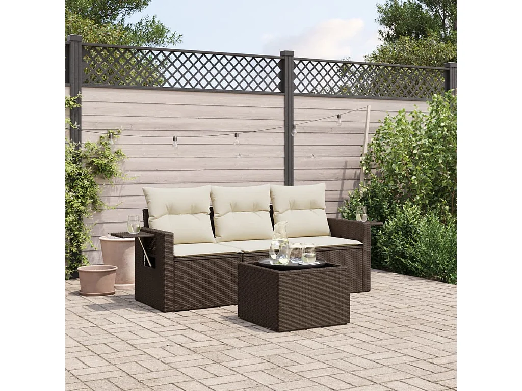 Salon de jardin 4 pcs avec coussins marron résine tressée
