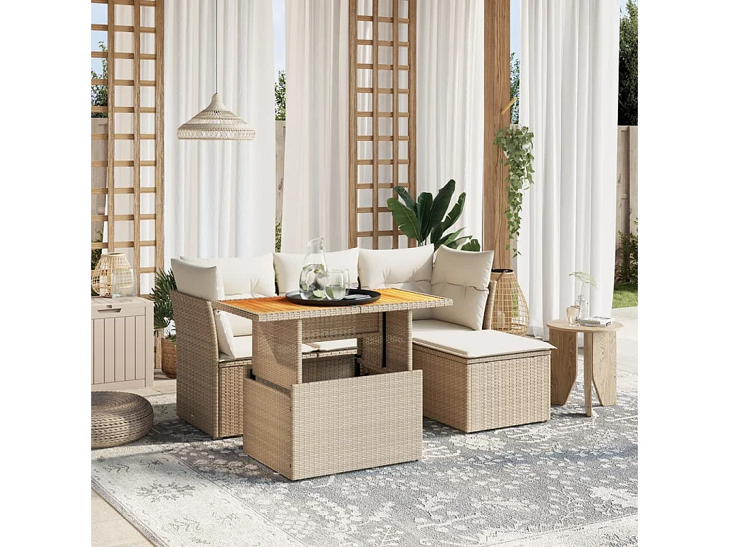 Set Divano da Giardino 6 pz con Cuscini Beige in Polyrattan