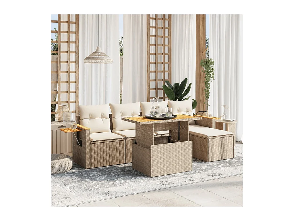 Salon de jardin avec coussins 6 pcs beige résine tressée