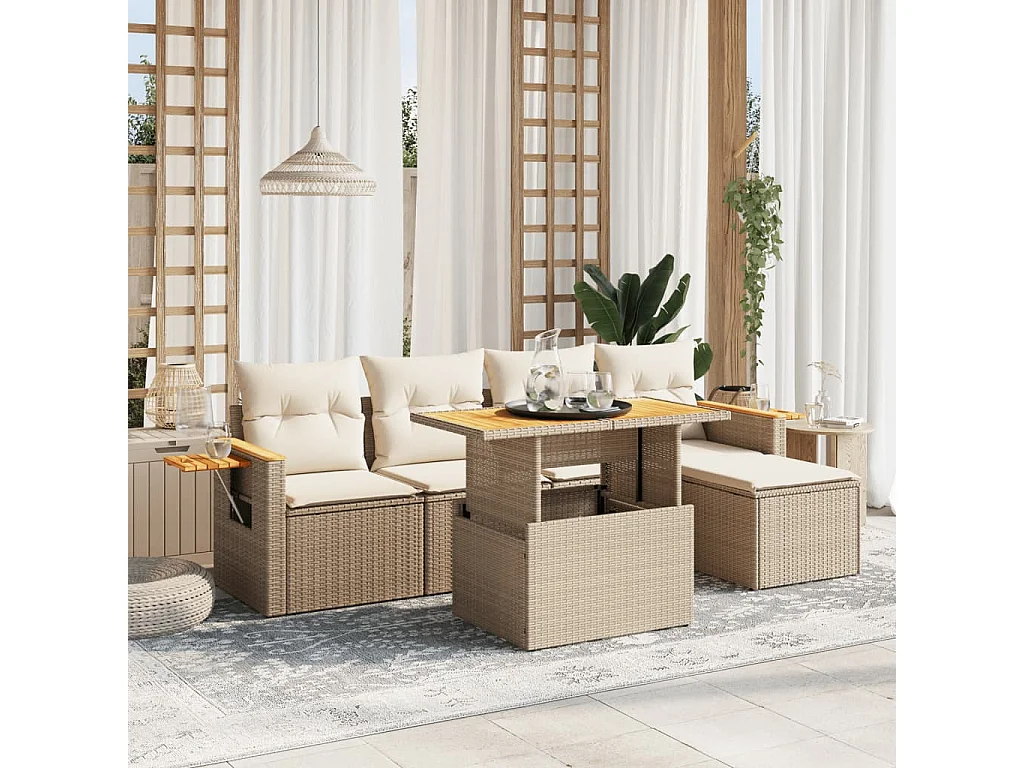 6-delige Loungeset met kussens poly rattan beige