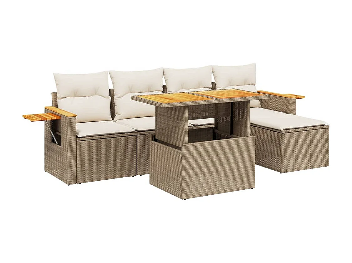 6-delige Loungeset met kussens poly rattan beige