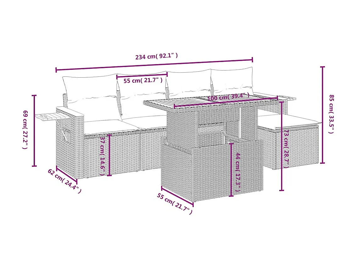 6-delige Loungeset met kussens poly rattan beige