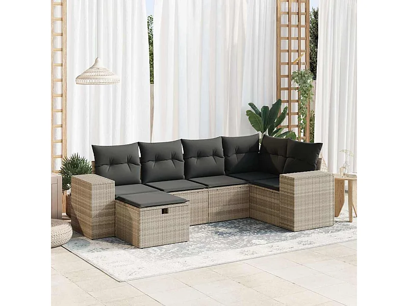 Set Divano da Giardino 6pz con Cuscini Grigio Chiaro Polyrattan