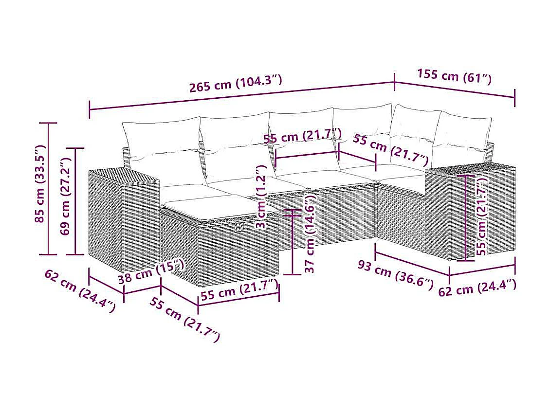 6-tlg. Garten-Sofagarnitur mit Kissen Hellgrau Poly Rattan
