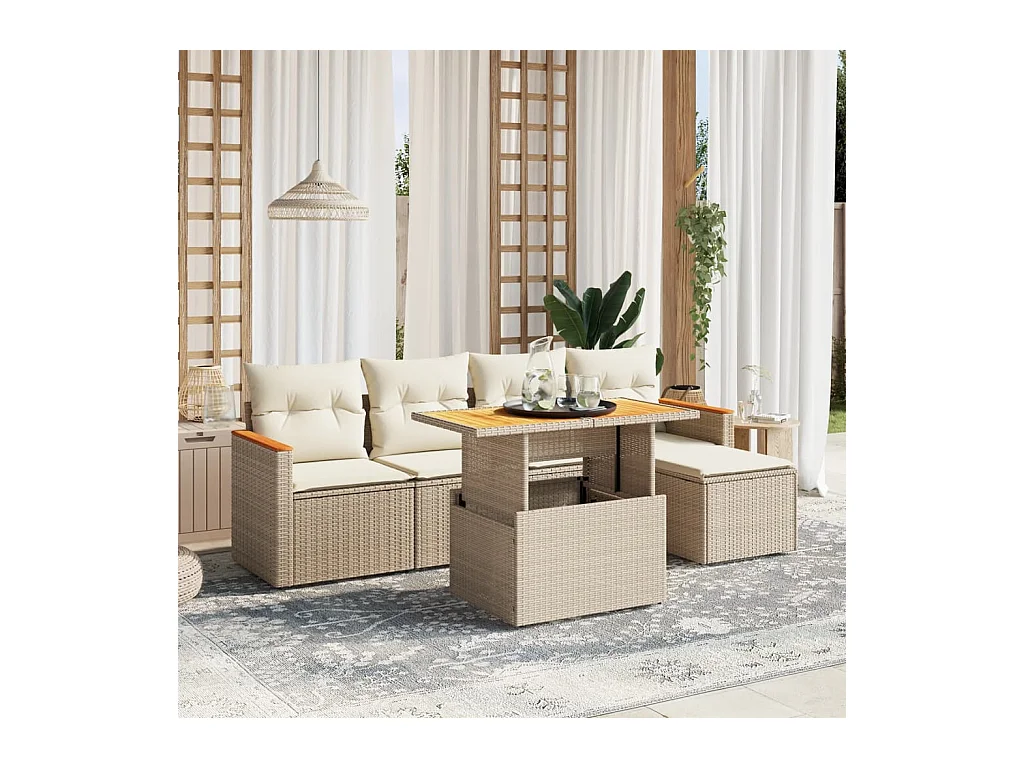 Salon de jardin avec coussins 6 pcs beige résine tressée