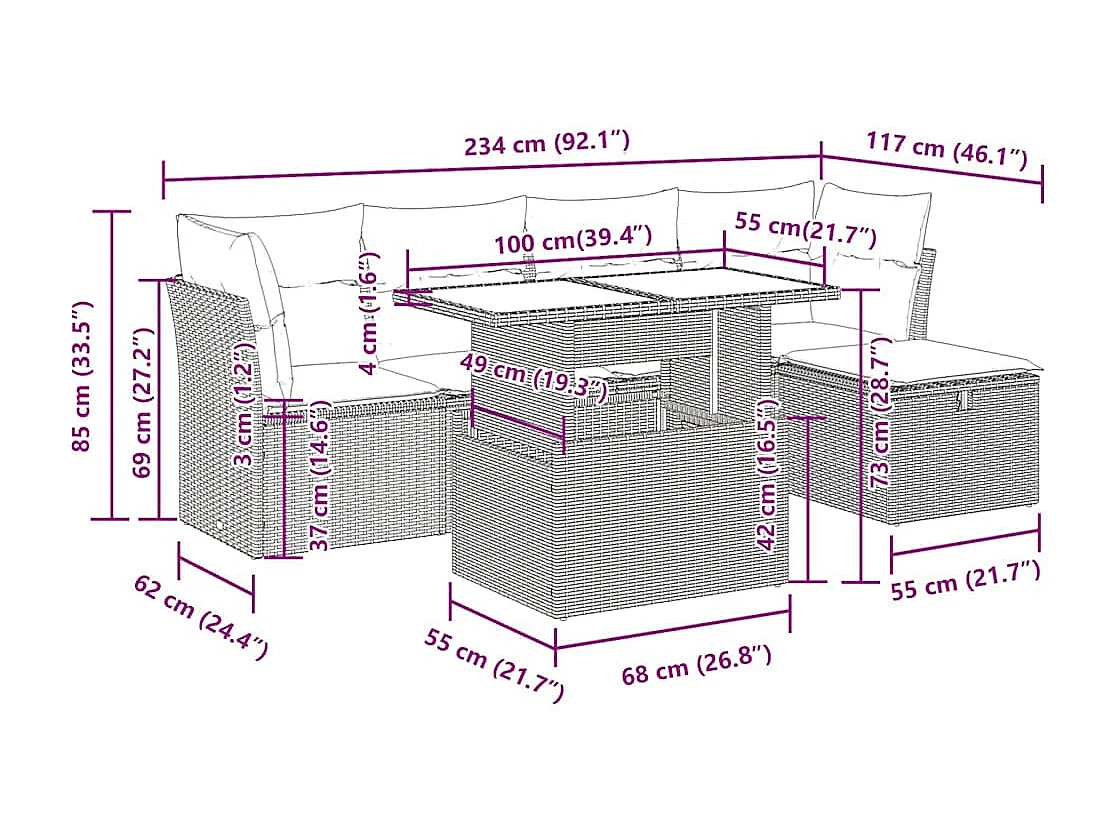 6-delige Loungeset met kussens poly rattan lichtgrijs