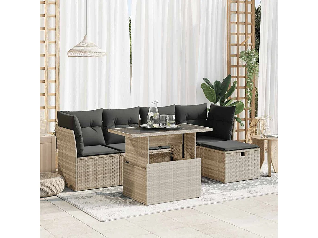 6 pcs conj. sofás jardim com almofadões vime PE cinzento-claro