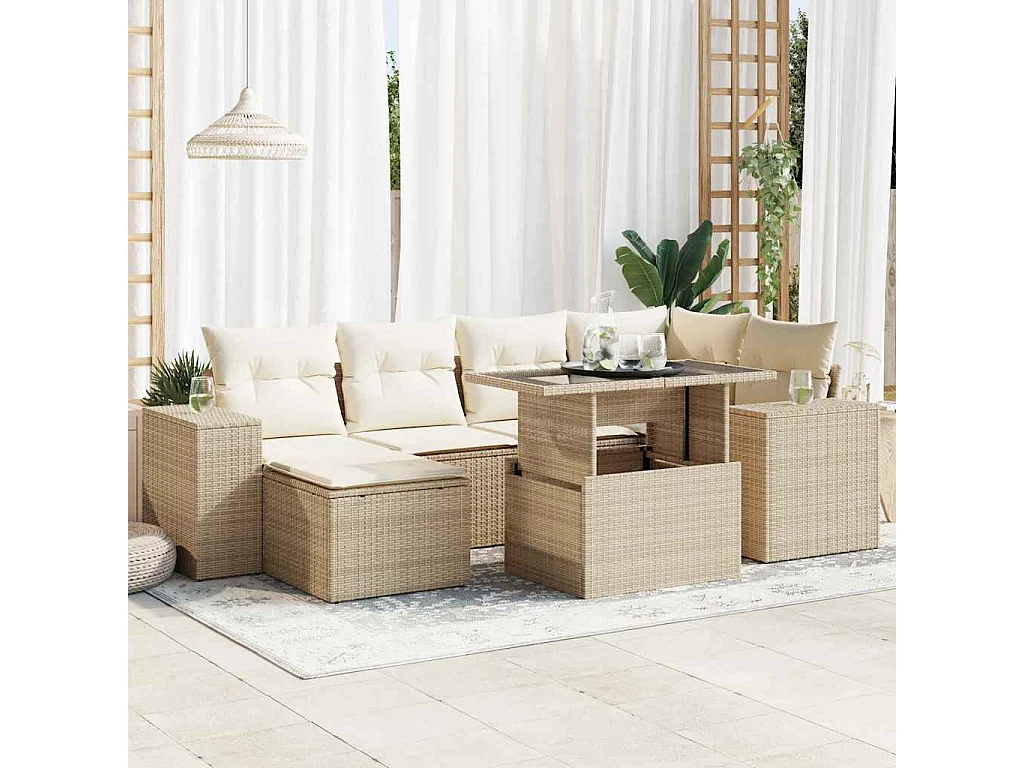Salon de jardin avec coussins 7 pcs beige résine tressée