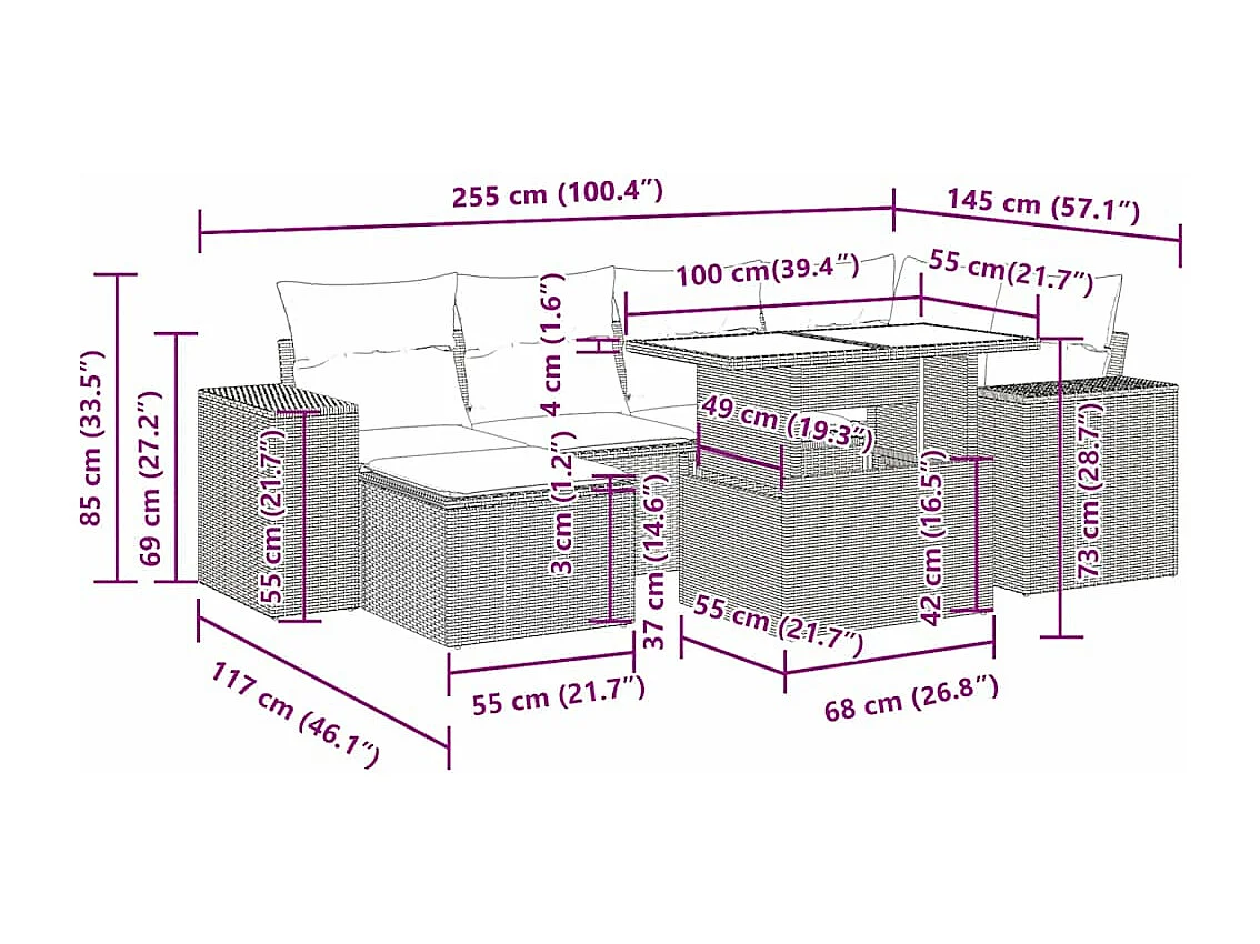 7 pcs conjunto de sofás p/ jardim com almofadões vime PE bege