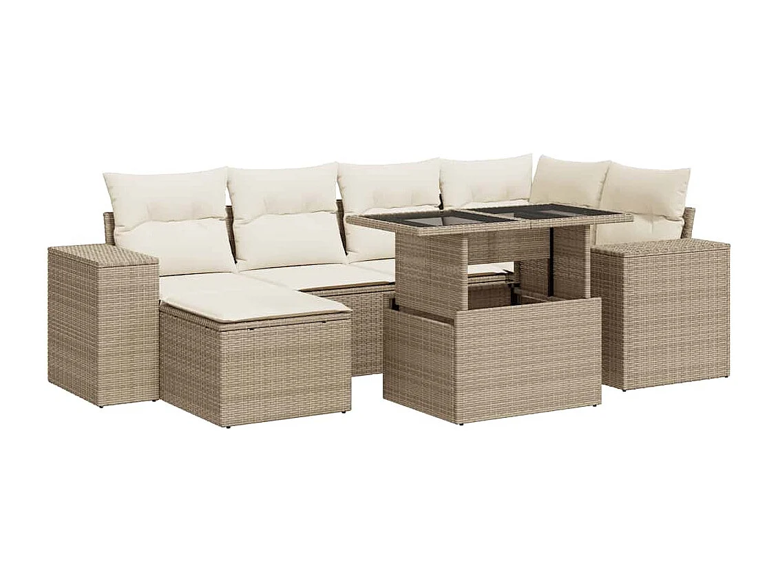 7-tlg. Garten-Sofagarnitur mit Kissen Beige Poly Rattan