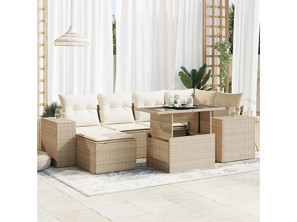 7-tlg. Garten-Sofagarnitur mit Kissen Beige Poly Rattan