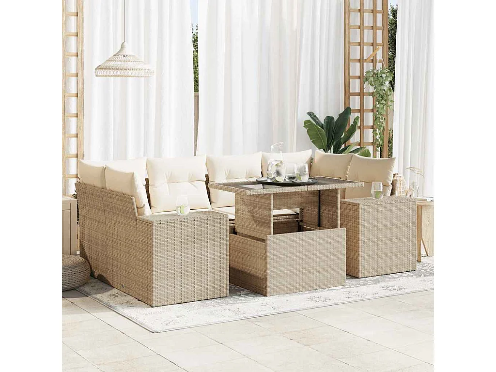 Salon de jardin avec coussins 7 pcs beige résine tressée