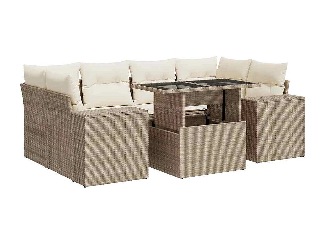 Salon de jardin avec coussins 7 pcs beige résine tressée