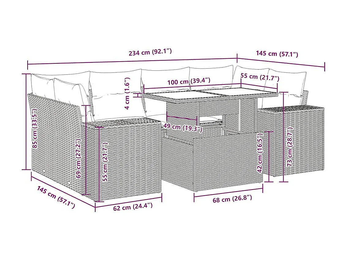 Salon de jardin avec coussins 7 pcs beige résine tressée