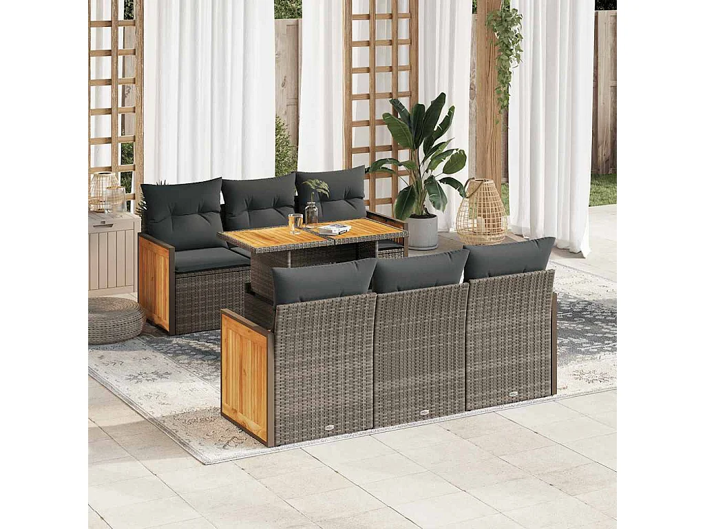 7-delige Loungeset met kussens poly rattan acacia grijs