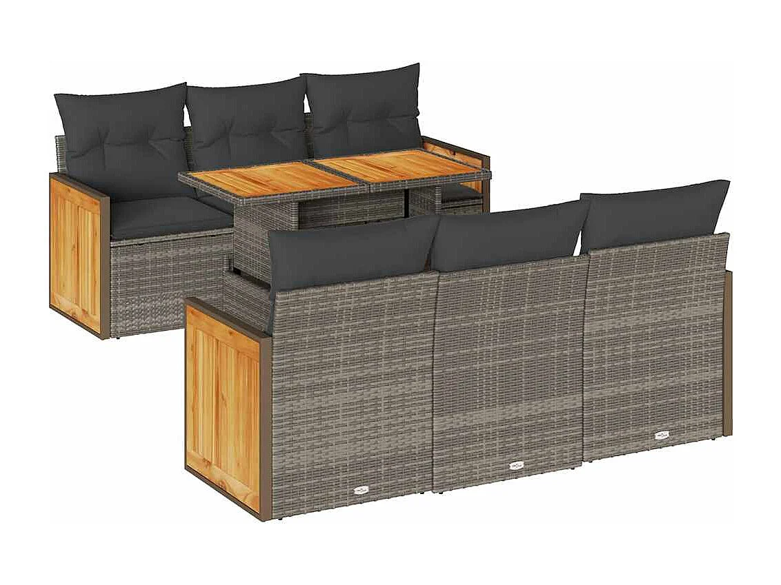 7-delige Loungeset met kussens poly rattan acacia grijs