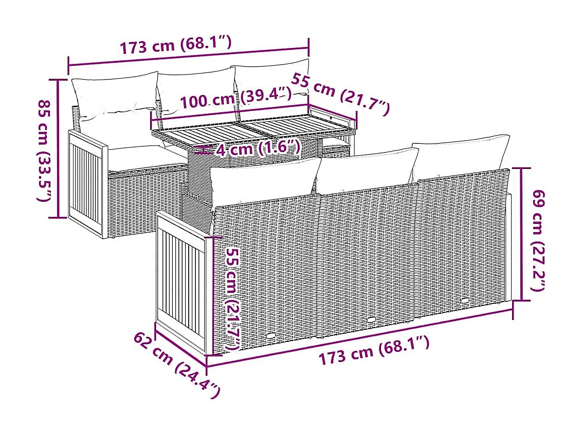 7-delige Loungeset met kussens poly rattan acacia grijs