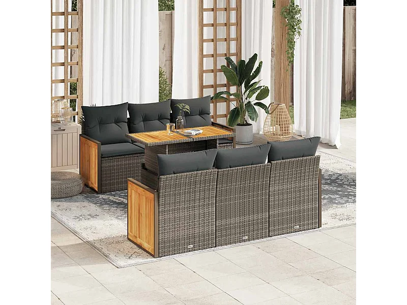 Salon de jardin avec coussins 7 pcs gris résine tressée acacia