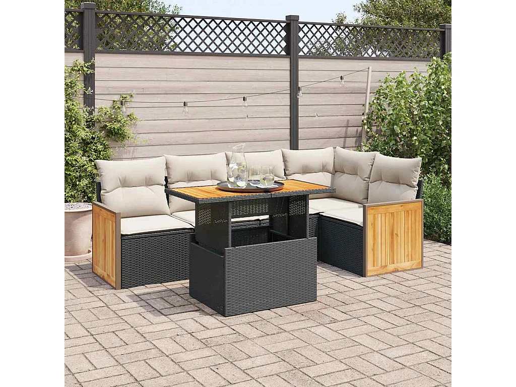Salon de jardin 6 pcs avec coussins noir résine tressée acacia