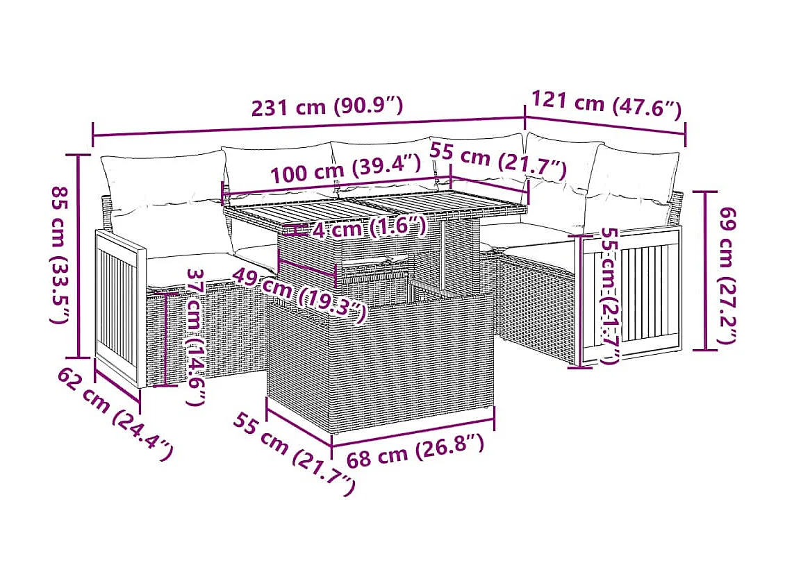 Salon de jardin 6 pcs avec coussins noir résine tressée acacia