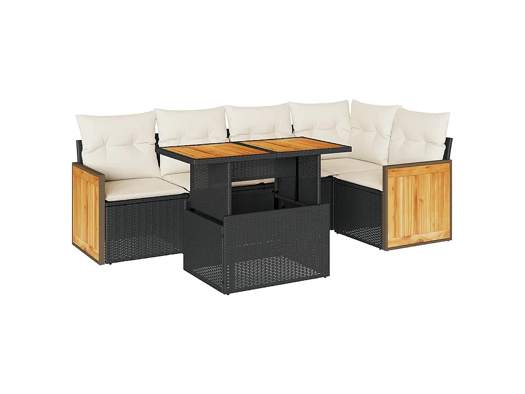 Salon de jardin 6 pcs avec coussins noir résine tressée acacia