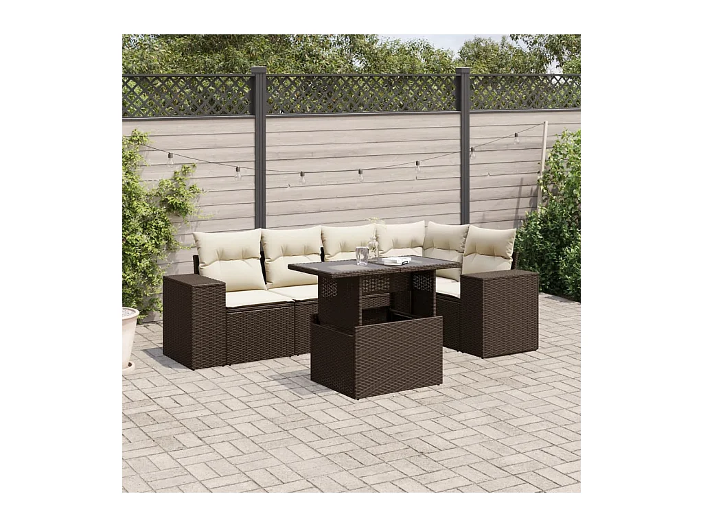 Salon de jardin avec coussins 6 pcs marron résine tressée